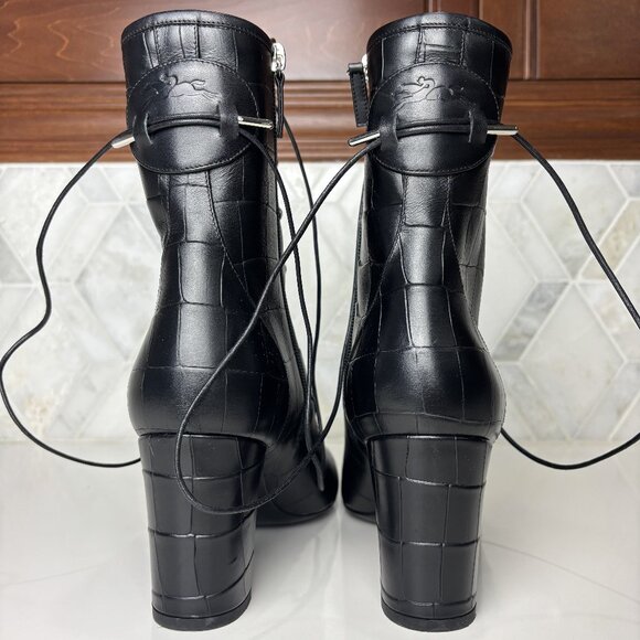 41/10 Black Leather Croc Round Toe Lace Up Zip Block Heel Ankle Boot Bootie - Picture 8 of 12